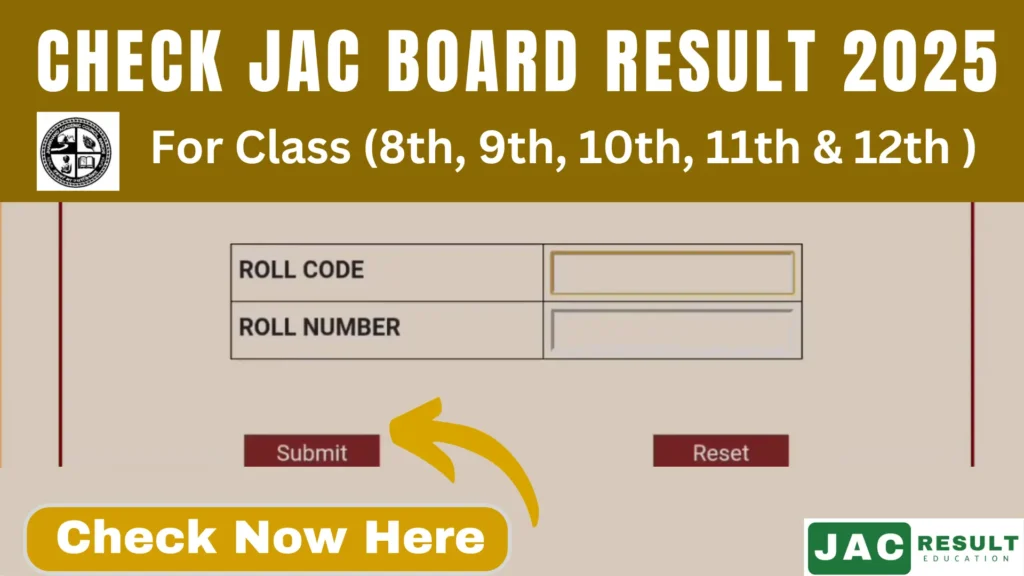 JAC Result 2025 announcement for Class 8th-12th. Fields for Roll Code and Roll Number shown with submit and reset buttons.