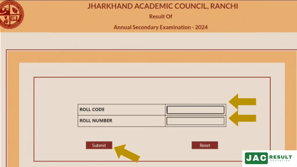 Showing the Jharkhand Academic Council exam result webpage, including fields for roll code and number, and a submit/reset button.