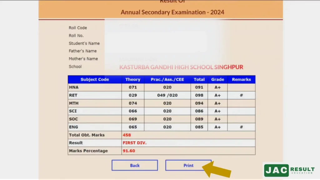 Information about JAC students’ mark sheets like- roll code, student details, subject-wise grades, total marks, and percentages.