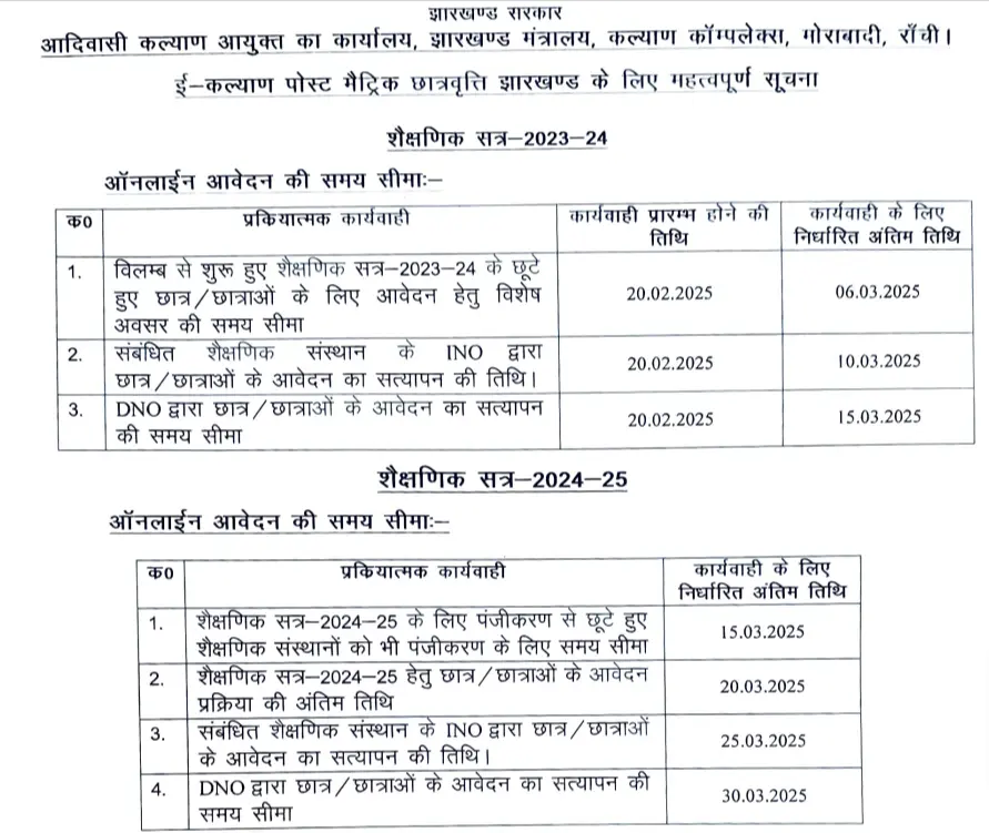 e Kalyan Jharkhand Scholarship 2024-25: Apply Online, Eligibility & Last Date 2 Jharkhand e-Kalyan Scholarship notice with 2023-24 & 2024-25 dates for application and verification deadlines.