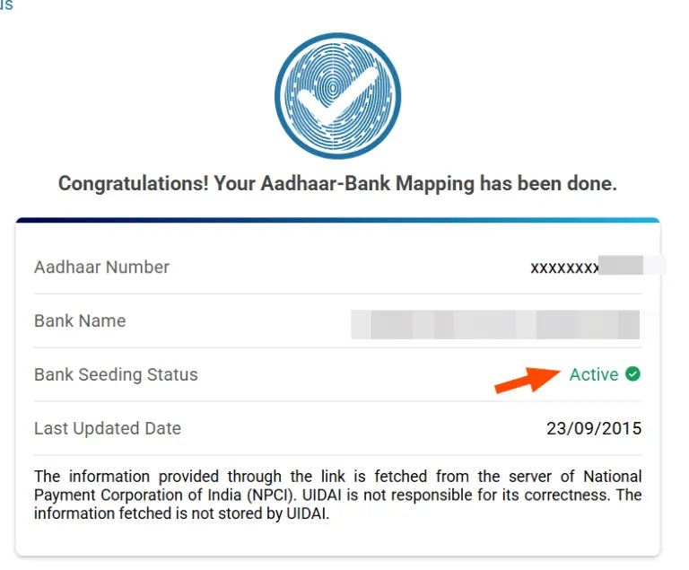 e Kalyan Jharkhand Scholarship 2024-25: Apply Online, Eligibility & Last Date 7 Aadhaar-bank link status showing as Active with bank name, last updated date, and Aadhaar number partially hidden.