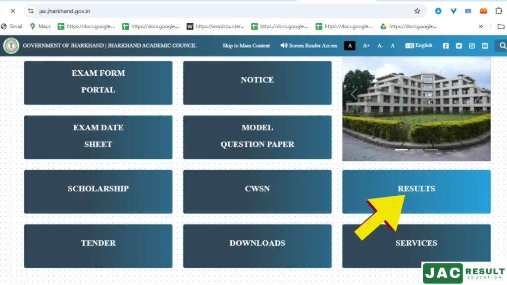 Check JAC 10th Result 2025: Simple & Easy Guide 2 JAC Board Office, Jharkhand Academic Council website homepage. Displays results, exam forms, notices, and other key links.