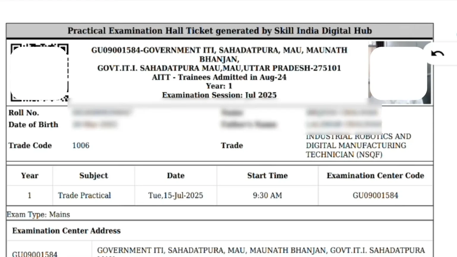 NCVT ITI Admit Card 2025 Released – Direct Link, Dates & Full Process 6 NCVT ITI Admit Card 2025 with student details, exam date, and center address – sample hall ticket
